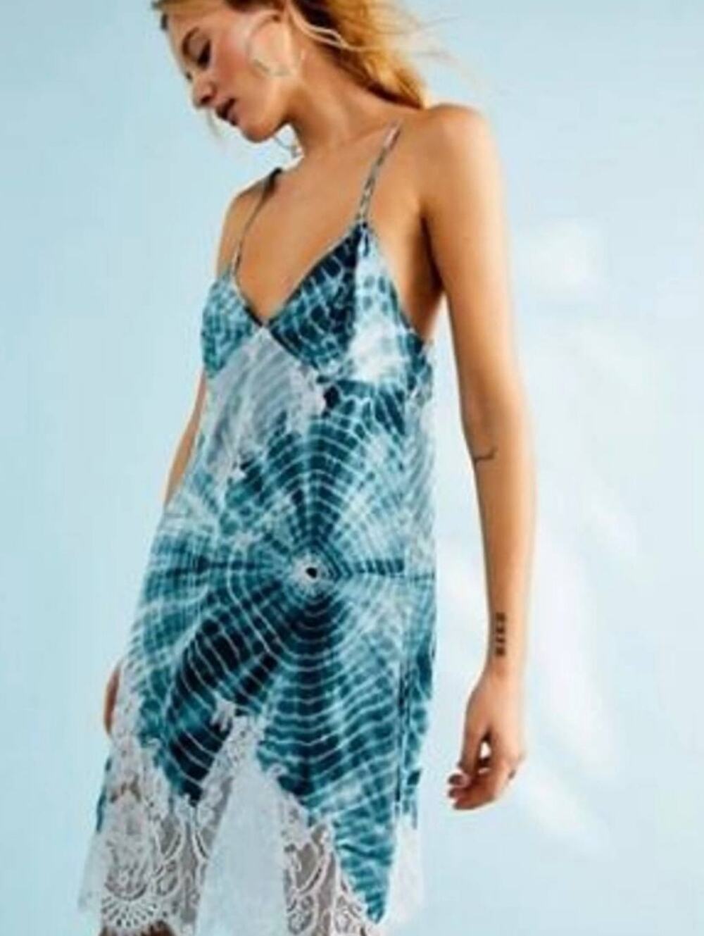 Free People Teal and White Lace-Trim Slip Dress